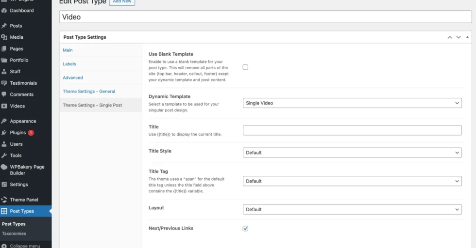 Total WordPress theme post types unlimited single post settings